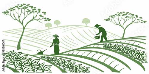 A serene landscape with two individuals walking along a path surrounded by trees Vector