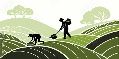 A serene landscape with two figures tending to a lush green field under a clear sky Vector