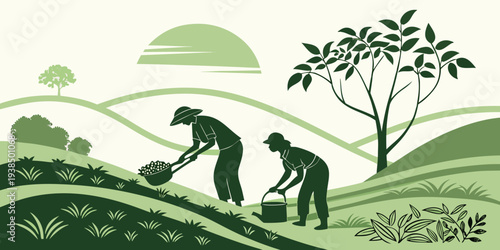 A serene landscape featuring a family of deer in a lush, green field with trees Vector