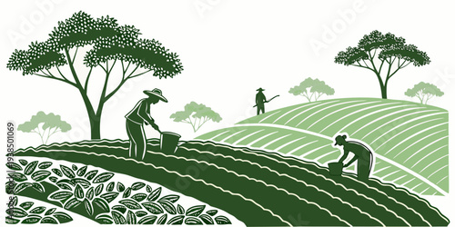 A serene landscape with rolling hills, lush trees, and a winding path. Vector