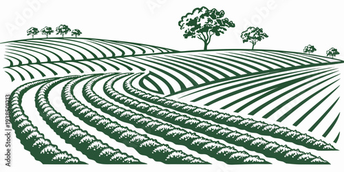 A serene landscape of rolling hills with a winding path and distant trees Vector