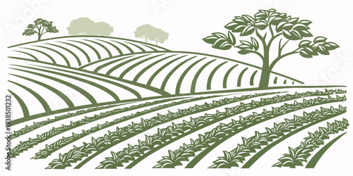 A serene landscape of rolling hills with a single tree in the distance Vector