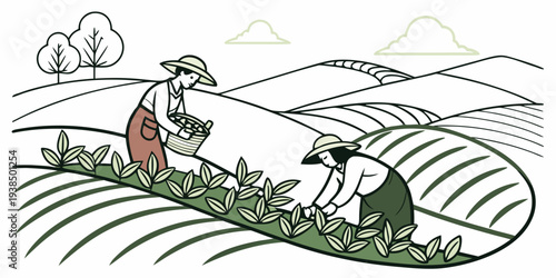 A whimsical illustration of a man riding a surfboard on a wave with a dog. Vector