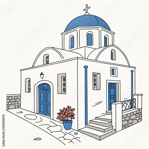 A picturesque blue and white church with a dome and bell tower in a serene setting Vector