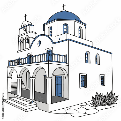 A serene greek orthodox church with blue domes and white walls Vector