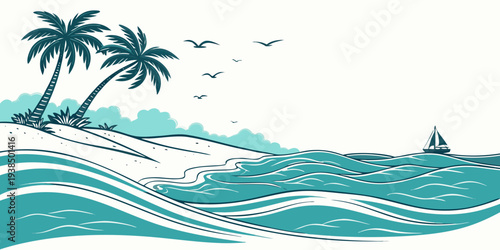 A serene beach scene with palm trees and a clear blue sky. Vector