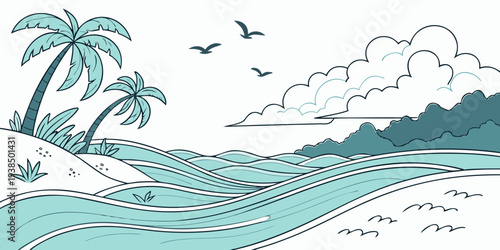 A serene beach scene with gentle waves and a clear blue sky. Vector