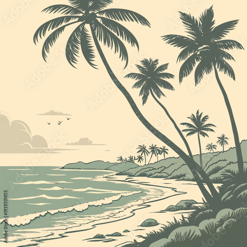 A serene tropical beach scene with palm trees and calm ocean waters. Vector