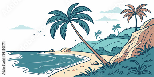 A serene tropical beach scene with palm trees and gentle waves Vector