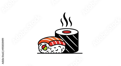 Sushi with salmon and maki roll white background
