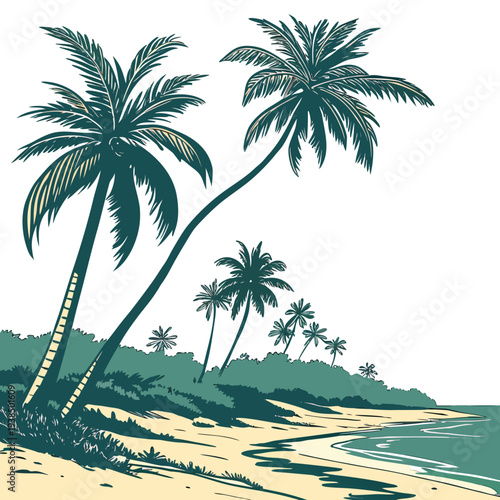 Palm trees swaying gently on a serene tropical beach with clear blue skies Vector