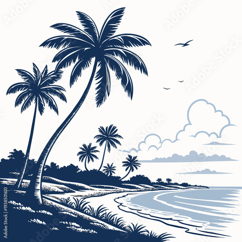 A serene tropical beach scene with palm trees and a distant airplane Vector