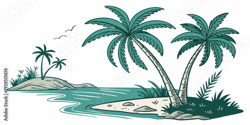 A serene tropical island with palm trees and a small boat in the water Vector