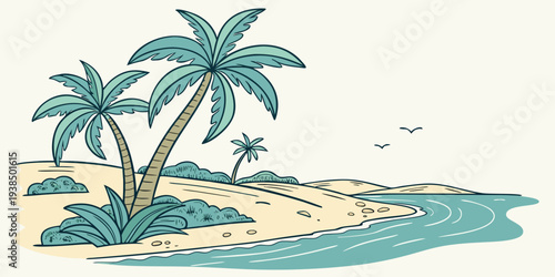 A serene tropical beach scene with palm trees and a seagull flying overhead. Vector