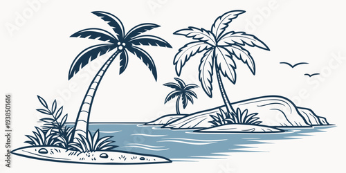 A serene tropical island with palm trees and a small boat on the shore Vector