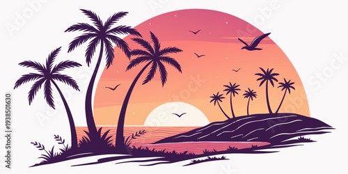 A vibrant sunset over a tropical island with palm trees and a calm ocean. Vector