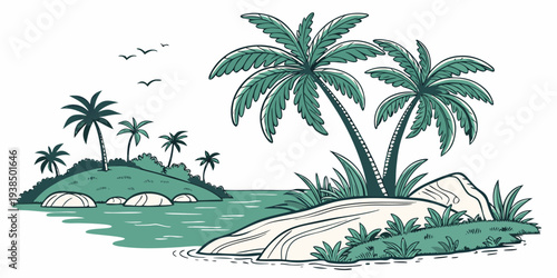 A serene tropical island with palm trees and clear blue skies Vector