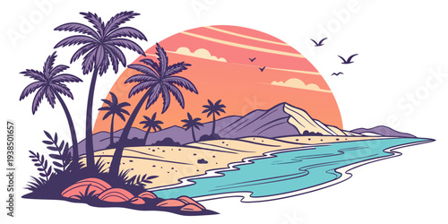 A serene tropical beach scene with palm trees and a vibrant sunset over the ocean Vector