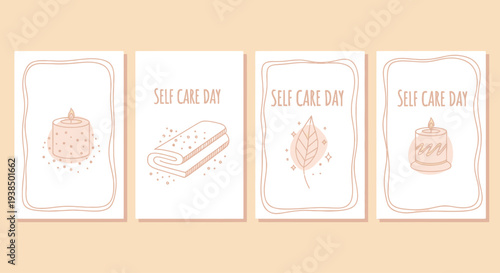 Self Care Day Minimalist Illustrations: Candle, Towel, Leaf, and Candle