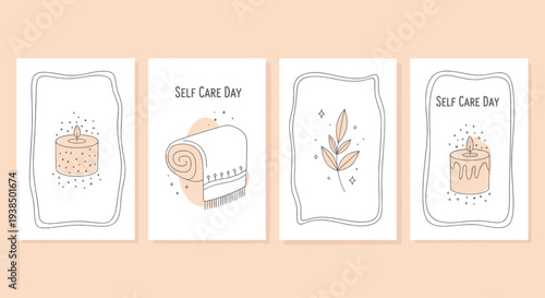Self Care Day: Candles, Rolled Towel, and Leaf Illustrations on Cards