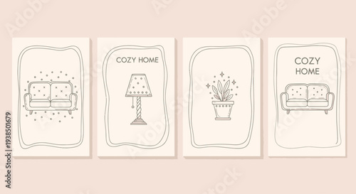 Cozy Home Line Art: Sofa, Lamp, Plant Illustrations on Beige Background