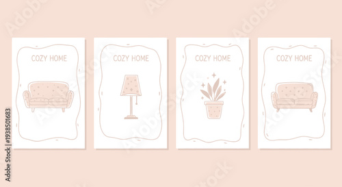 Cozy Home Interior Design Elements: Sofa, Lamp, Plant - Minimalist Line Art