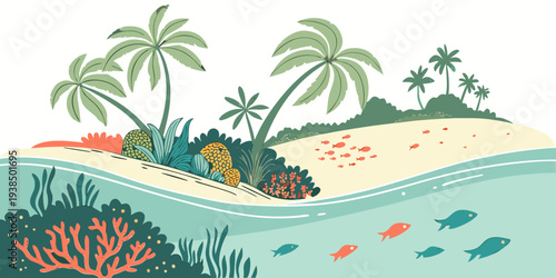 A serene tropical beach with palm trees and a clear blue sky Vector