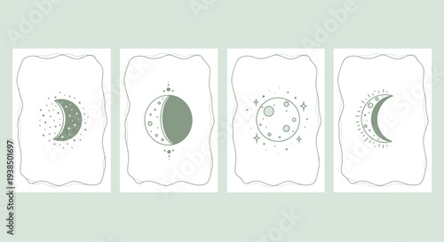 Boho Celestial Moon Phases Line Art Collection on Textured Paper Background
