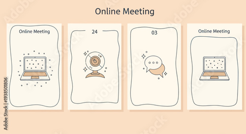 Online Meeting Concept: Laptops, Webcam, Chat Bubbles, Remote Work, Digital Communication