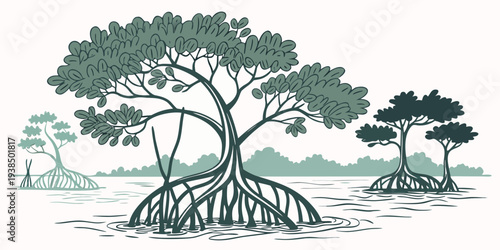 A serene park scene with a large tree and a bench under its shade. Vector