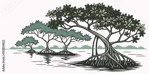 A large, sprawling tree with dense foliage and twisted branches standing alone in a field Vector