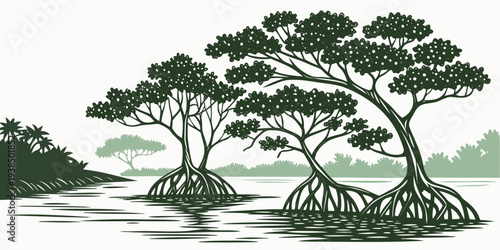 A serene landscape featuring a large tree with sprawling branches over a calm body of water. Vector