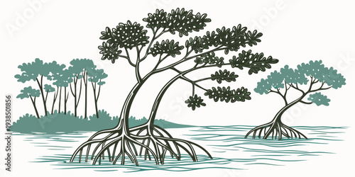 A serene landscape with tall trees and a winding path leading to a tranquil pond Vector