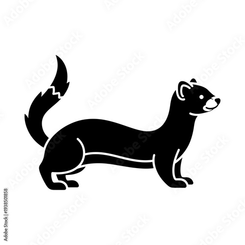 A sleek black silhouette of a long bodied ferret standing in profile showcasing its unique form silhouette