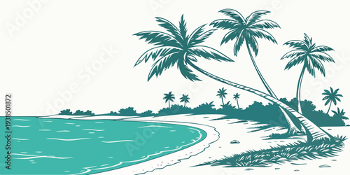 Tropical paradise with palm trees and a sandy beach overlooking the ocean Vector