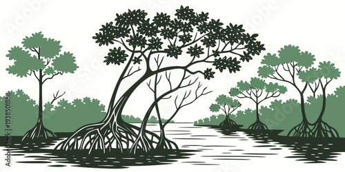 A serene landscape with tall trees and a winding path under a clear sky Vector