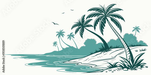Tropical paradise with palm trees and gentle waves on a sunny day Vector