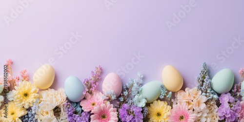Pastel Easter eggs and spring flowers arranged in a border on a soft purple background with copy space,