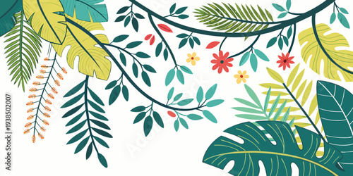 Vibrant tropical leaves and flowers in a colorful and lively illustration Vector