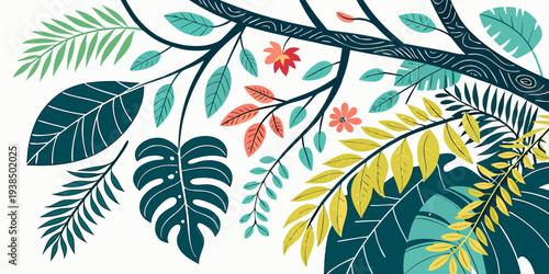A vibrant illustration of various tropical leaves and branches in a lively color palette Vector