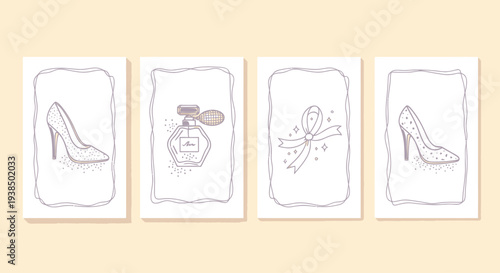 Fashion Accessories: High Heels, Perfume Bottle, and Bow Illustration on Cards