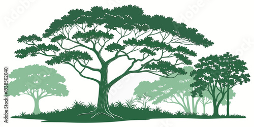 A serene landscape featuring a cluster of tall, lush green trees under a clear sky. Vector