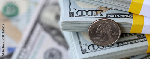 Wallpaper Mural US coin lies among ten thousand dollars packs in stack on big amount of hundred dollar bills Torontodigital.ca