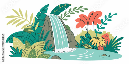 A vibrant illustration of a tropical waterfall surrounded by lush vegetation and wildlife. Vector