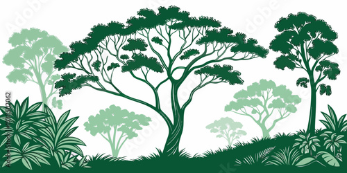 A serene landscape featuring a cluster of tall, lush trees with intricate foliage. Vector