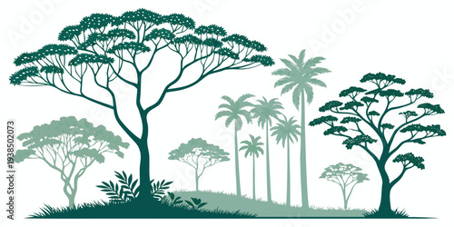 A serene forest scene with tall trees and a clear blue sky in the background. Vector