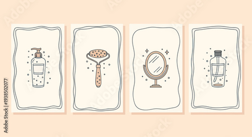 Beauty Routine Flat Icons: Skincare, Mirror, Roller, Lotion Dispenser