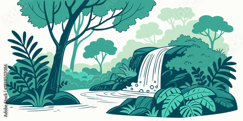 A serene landscape with lush green trees and a tranquil pond in the distance Vector