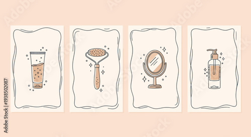 Skincare Routine Elements: Tube, Roller, Mirror, Dispenser - Line Art Illustrations