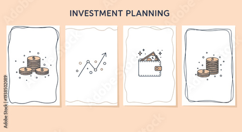 Investment Planning Icons: Coins, Growth Chart, Wallet, and Stack of Money